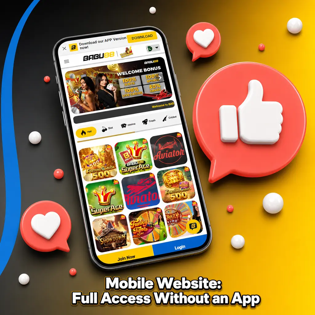 Babu88 mobile website interface on smartphone browser showing full platform access without app installation