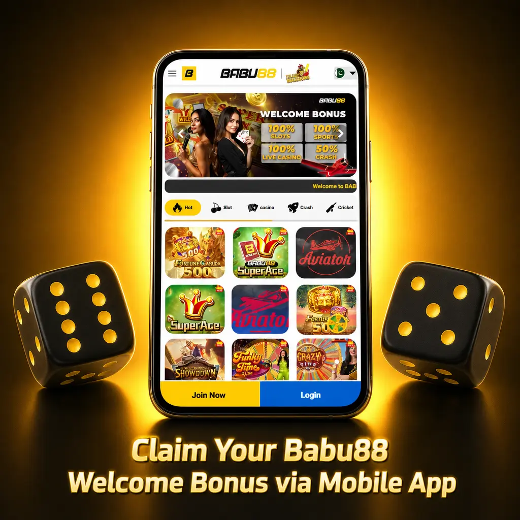 Babu88 mobile app welcome bonus claim screen showing Android and iOS registration and deposit steps