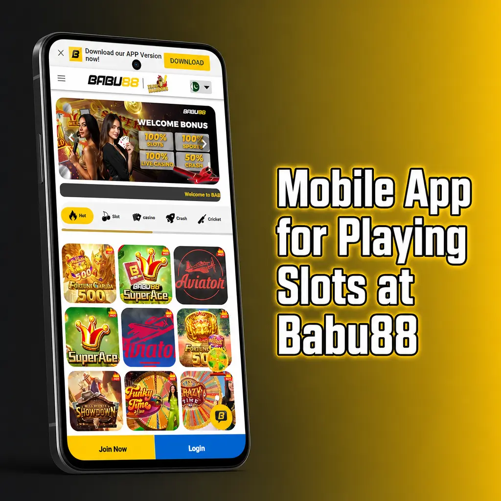 Babu88 mobile app interface showing slots lobby on Android and iOS with touchscreen navigation and game controls